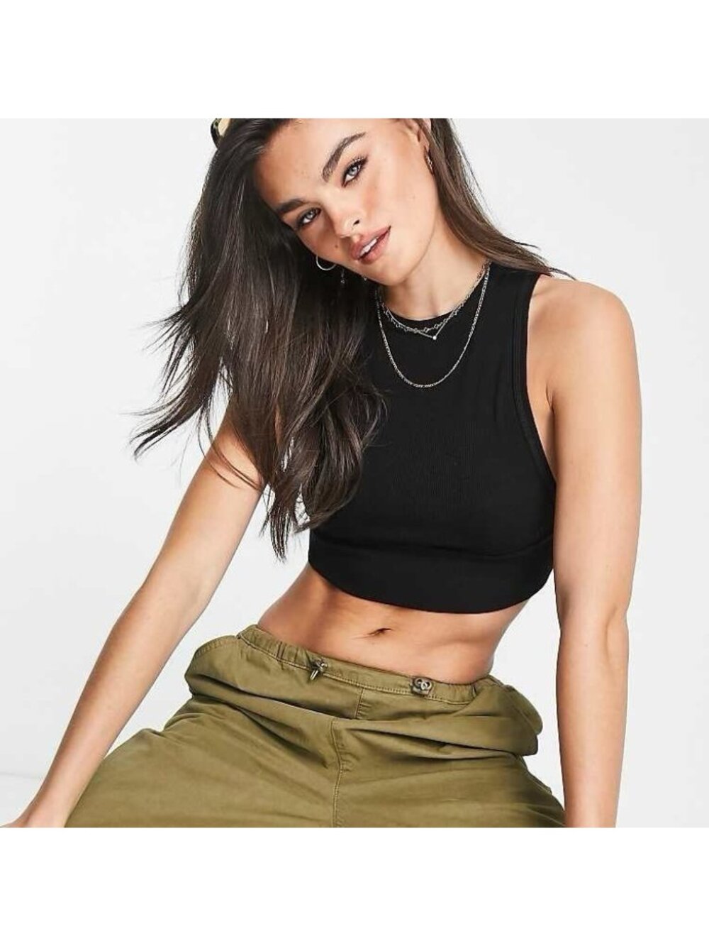 New Mix Classic Activewear Casual Crop Tank Top Black Slimming Fit Ribbed M/L